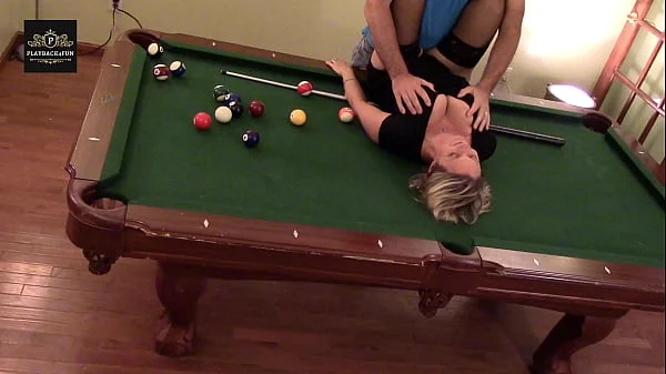 Hot MILF wife gets a hard handling on pool table. Huge tits rocking.