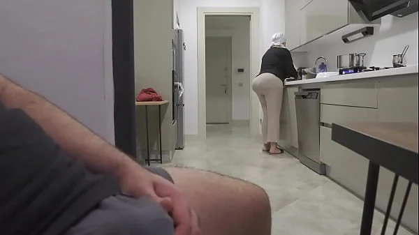 Risky jerk off while watching big ass stepmom in the kitchen.