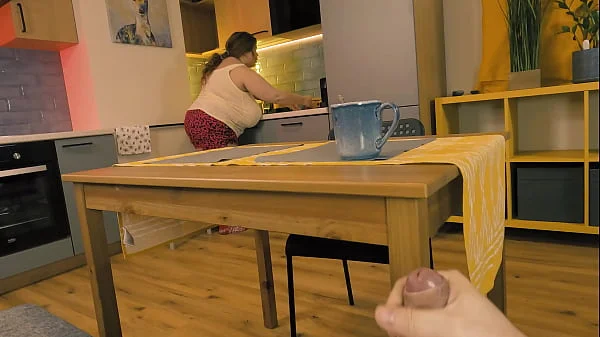 Stepmom noticed her stepson jerking off under a table and decided to help