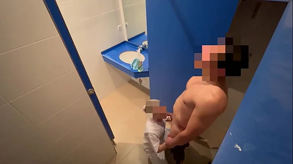 I surprise the gym cleaning girl who when she comes in to clean the toilet she catches me jerking off and helps me finish cumming with a blowjob