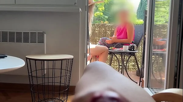 My husband is jerking off and cum in front of my stepmom a while we talk on balcony.