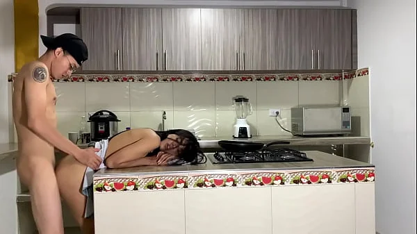 Passionate sex in the kitchen and a lot of cum at the end