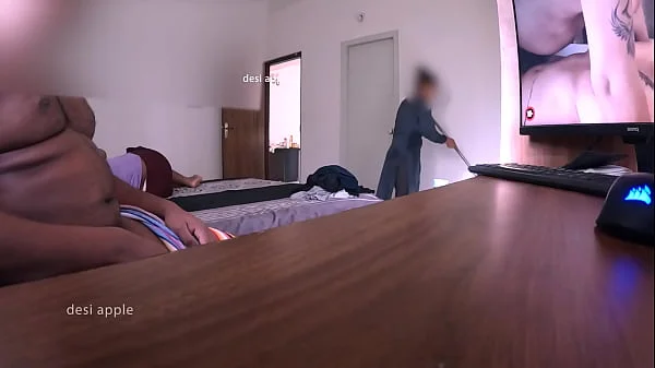 Watching porn and masturbating infront of maid while wife sleeping