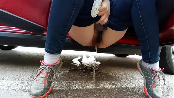 Natural hairy pussy Turkish wife peeing in the public