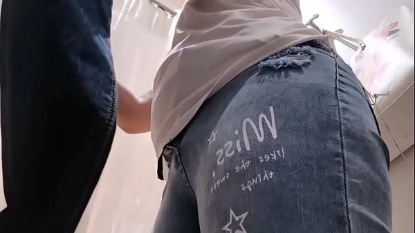 Your slutty Italian tries on jeans while wearing a butt plug in her ass