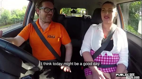 Chubby english driving student fucks in public