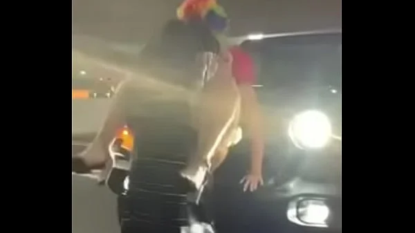 Pink hair whore gets pounded on jeep