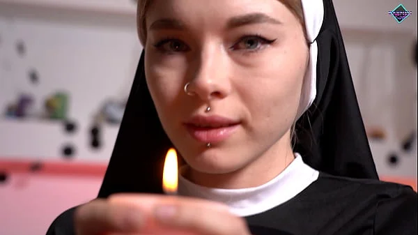 The nun gets horny from a big dick and takes cum in her tight pussy. Karneli Bandi